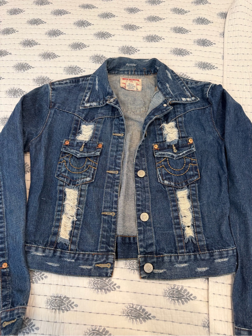 True Religion Distressed Blue Denim Jacket fits like XL